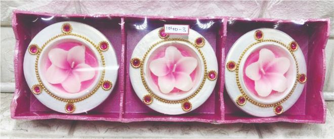 Diwali Pot Diya 3 pc pack White design Pink flower