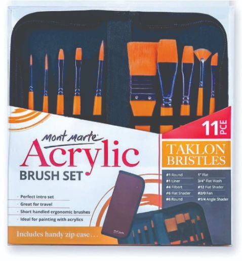 Mont Marte Acrylic Brush Set Taklon Brush 11 pc Travel Set