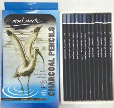 Mont Marte Charcoal Pencils 12 shade (6 soft, 4 medium, 2 hard)