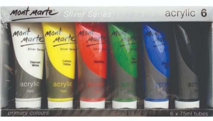 Mont Marte Satin Acrylic 75 ml 6 Tubes Silver Series Primary 6 Colours