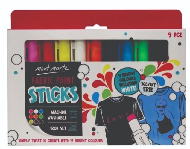 Mont Marte Satin Fabric Paint Sticks 9 Bright colours