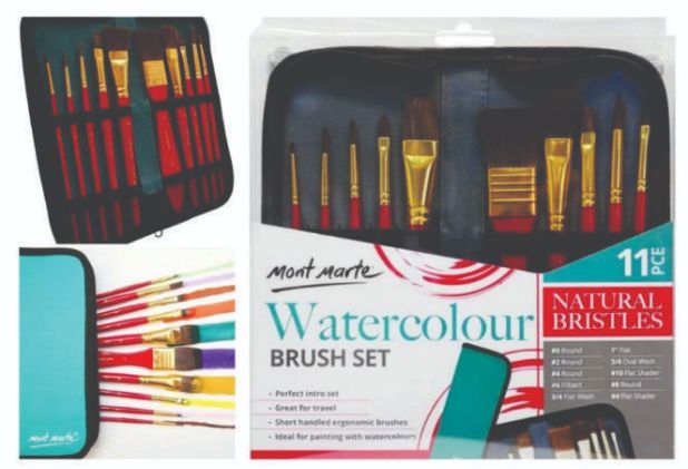 Mont Marte Watercolour Brush Set Natural Bristles 11 pc Travel Set